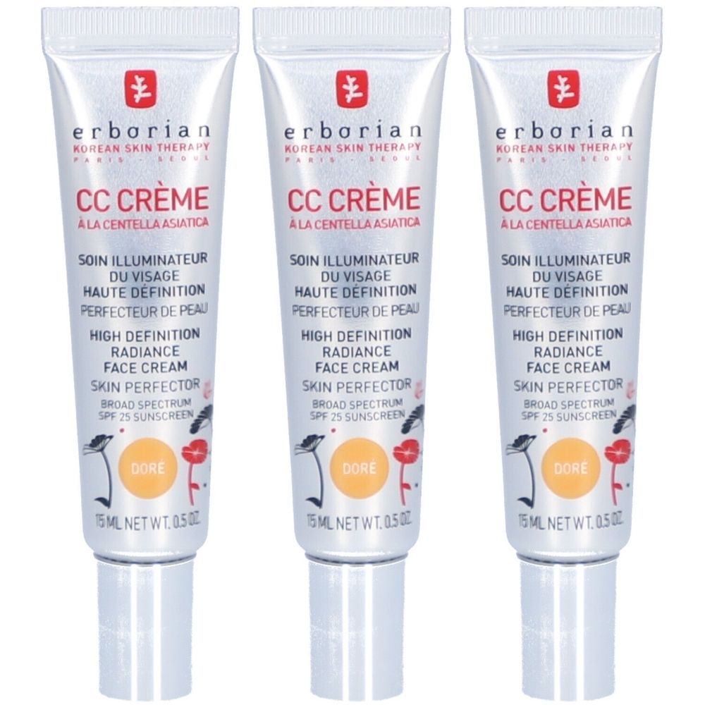 Drei Tuben CC Crème. Auf jeder Tube steht "erborian", "CC Crème", "SPF 25" und "Dore".