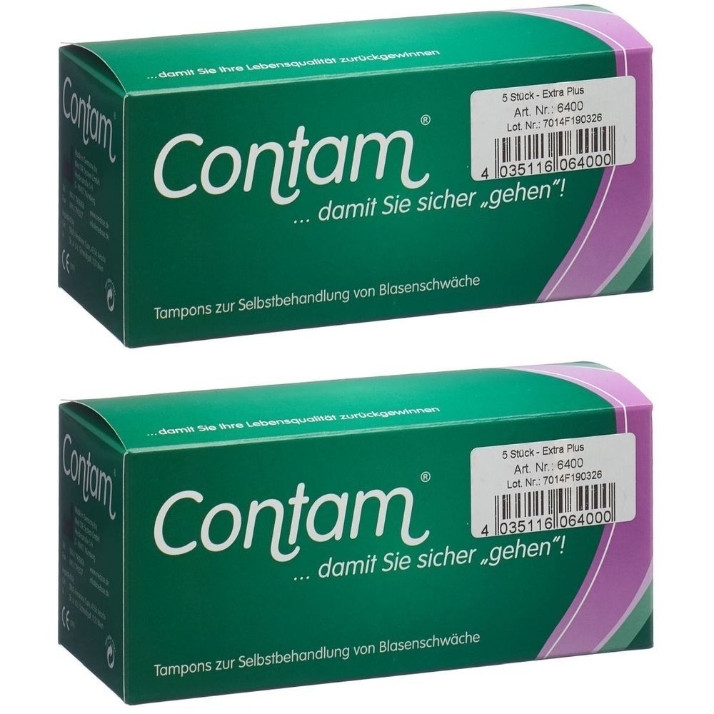 Zwei grüne Schachteln mit dem Produktnamen Contam. Aufschrift: Tampons zur Selbstbehandlung von Blasenschwäche. Extra Plus.