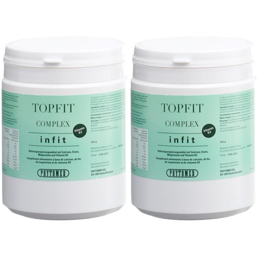 Deux boîtes de PHYTOMED Topfit-Komplex avec Vitamine K2. Contenants blancs avec étiquettes vertes.