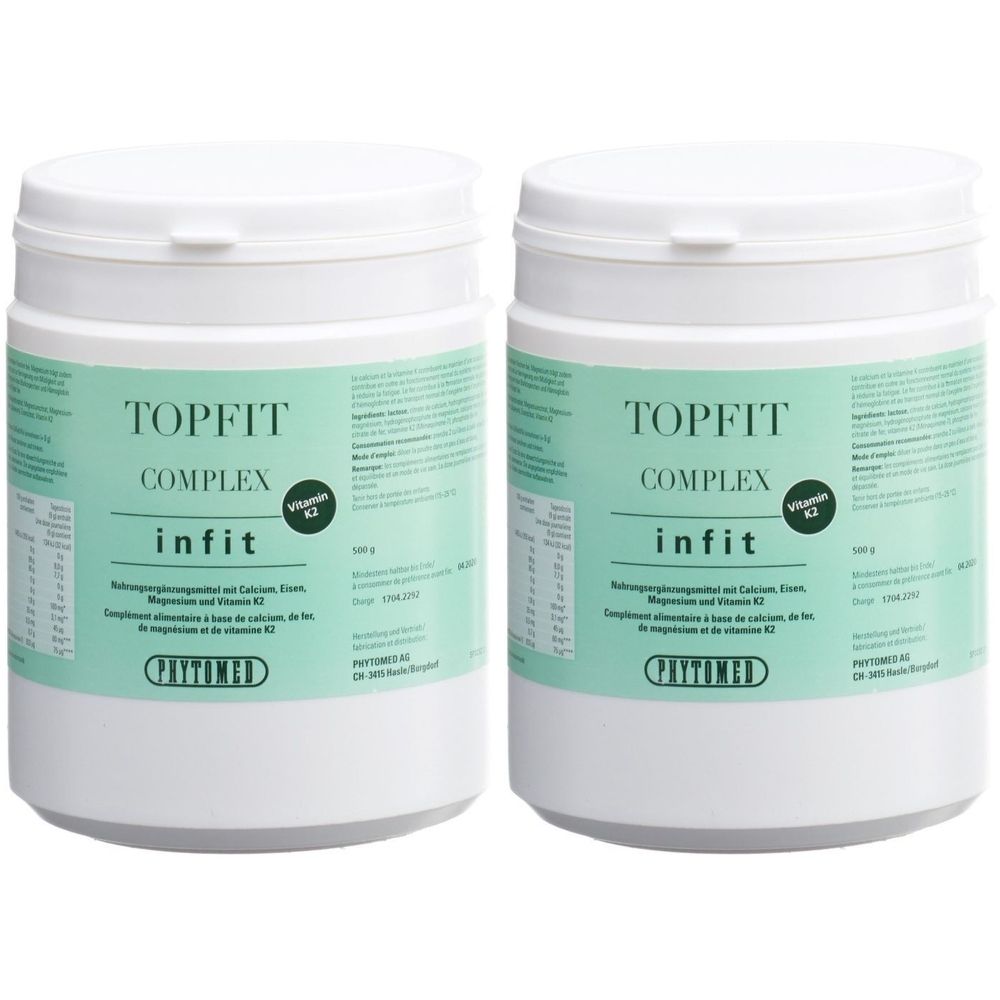 Zwei weiße Dosen mit Deckel. Aufschrift: TOPFIT COMPLEX infit, Vitamin K2. Aufschrift: PHYTOMED.
