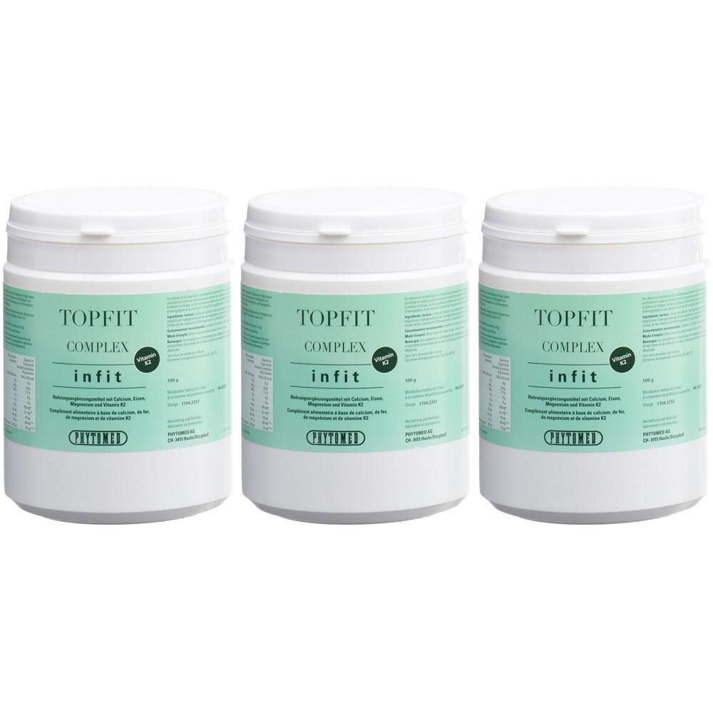 Trois contenants blancs avec étiquette "TOPFIT COMPLEX infit". Contient de la vitamine K2.