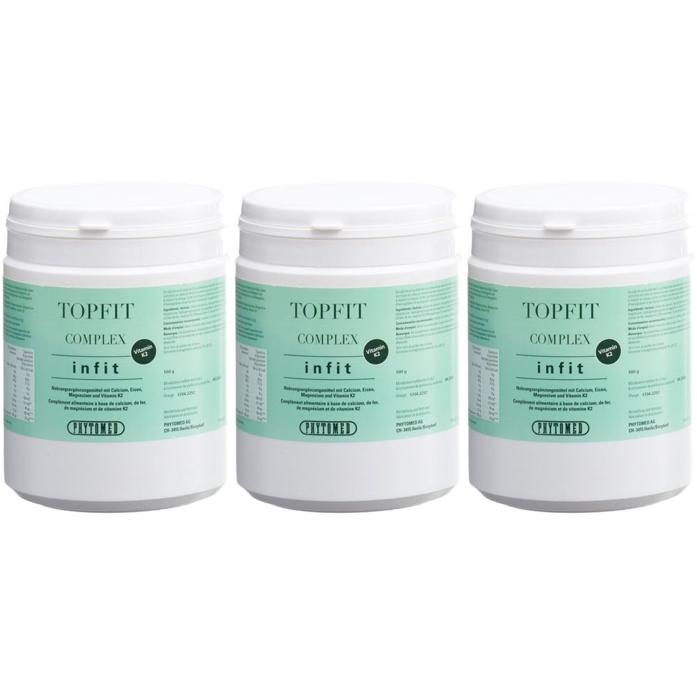 Drei weiße Behälter mit Deckel. Aufschrift TOPFIT COMPLEX infit. Grün-weiße Etiketten mit Produktinformationen.
