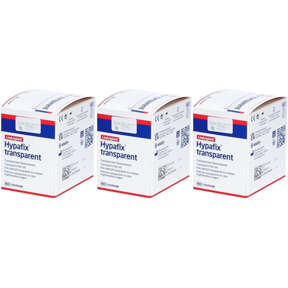 Drei Kartons HYPAFIX Transparent. Weiß-blaue Verpackung mit Produktnamen und Logo. QR-Code und CE-Kennzeichnung.