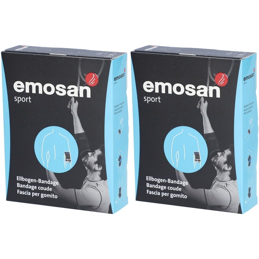 Zwei Packungen EMOSAN sport Ellbogen-Bandage. Schwarze Verpackung mit Produktabbildung und blauer Umrisszeichnung eines Arms. Text: Ellbogen-Bandage.