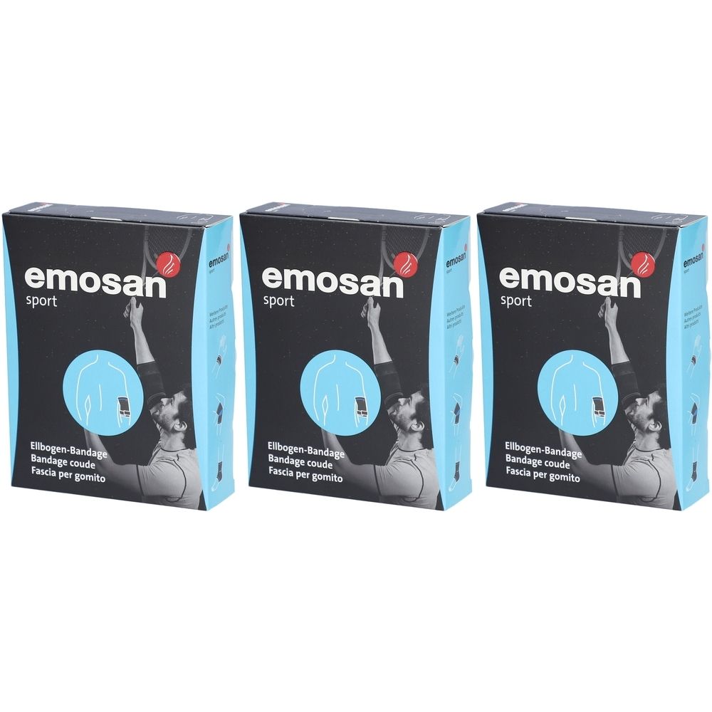 Drei Packungen EMOSAN sport Ellbogen-Bandage. Schwarze Verpackung mit Produktabbildung und Schriftzug. Blaue Akzente.