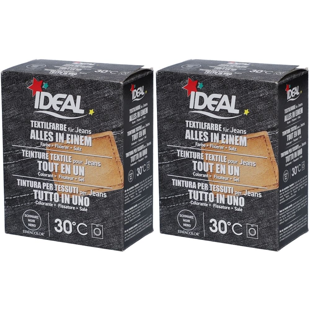 Zwei Kartons Ideal Textilfarbe für Jeans. Schwarze Farbe. Aufschrift: Alles in Einem. Temperaturangabe 30°C.