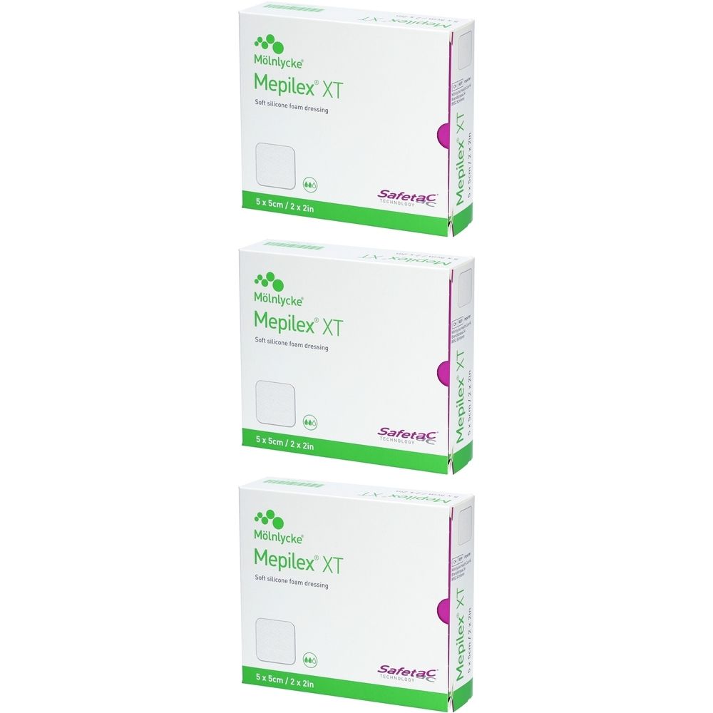 Drei Packungen Mepilex XT Wundauflage. Jede Packung zeigt Produktname, Größe 5x5cm und Safetac-Logo. Weiße Verpackung.