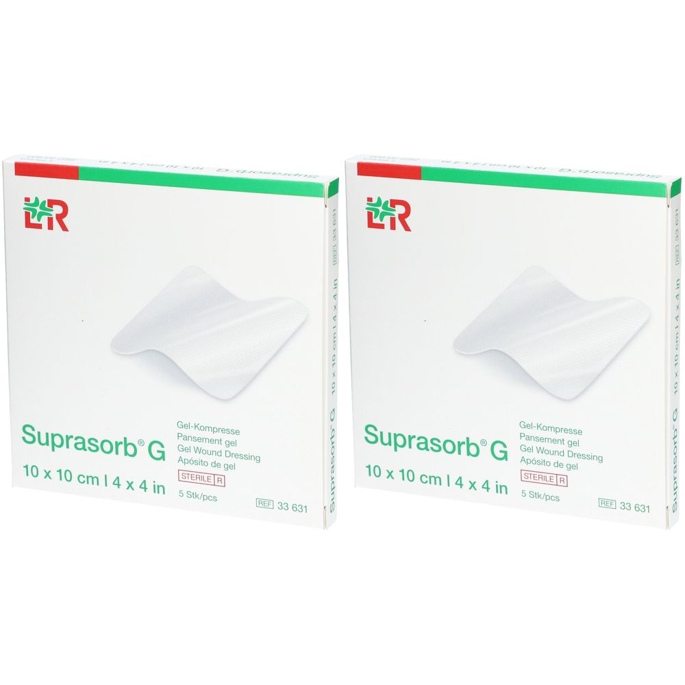 Zwei Schachteln Suprasorb G, 10 x 10 cm. Auf jeder Schachtel ist ein weißes Gel-Wunddressing abgebildet. Text: Gel-Kompresse, sterile.