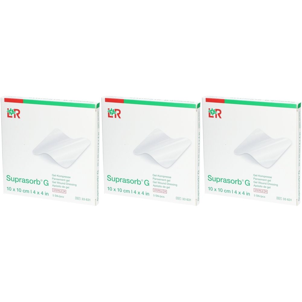 Drei Schachteln Suprasorb G, 10 x 10 cm. Weiße Verpackung mit grünem Rand und Produktinformationen. Logo oben links.