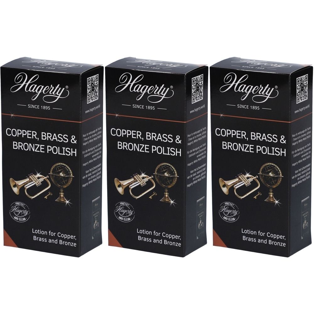 Drei Schachteln Hagerty® Pflegecreme. Schwarze Verpackung mit Produktname und Abbildungen von Musikinstrumenten.