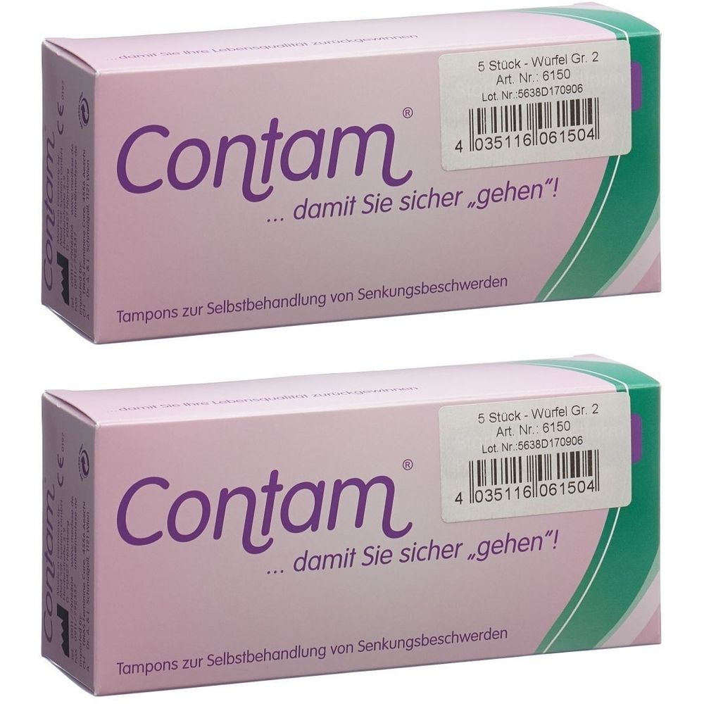 Deux boîtes roses avec le mot "Contam". Inscription : "...damit Sie sicher gehen!" et "Tampons zur Selbstbehandlung von Senkungsbeschwerden".
