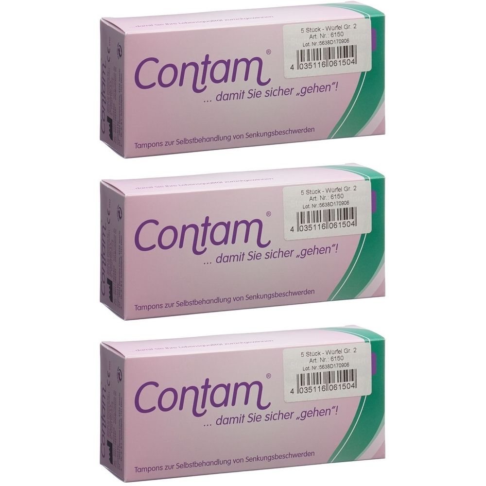 Trois boîtes de tampons Contam. Emballage rose avec lettrage violet. Inscriptions : «...damit Sie sicher...gehen!». Accents verts et blancs.