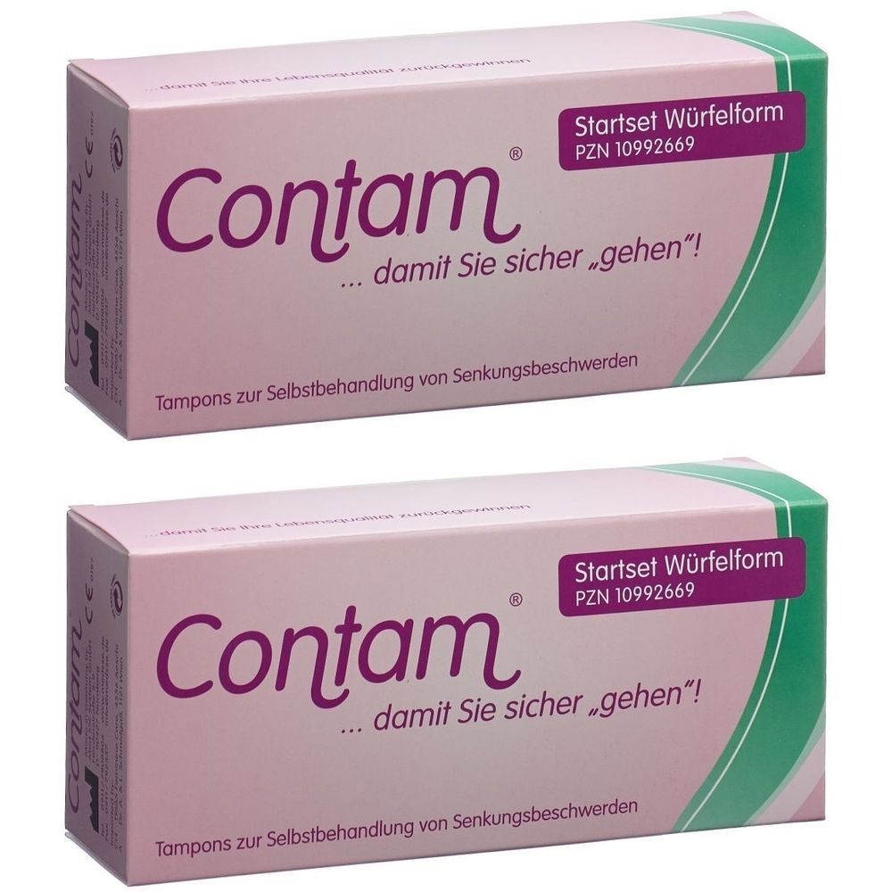 Deux boîtes Contam. Inscription : Startset Würfelform. Texte : Tampons pour l'auto-traitement des troubles de la descente. Emballage rose et blanc.