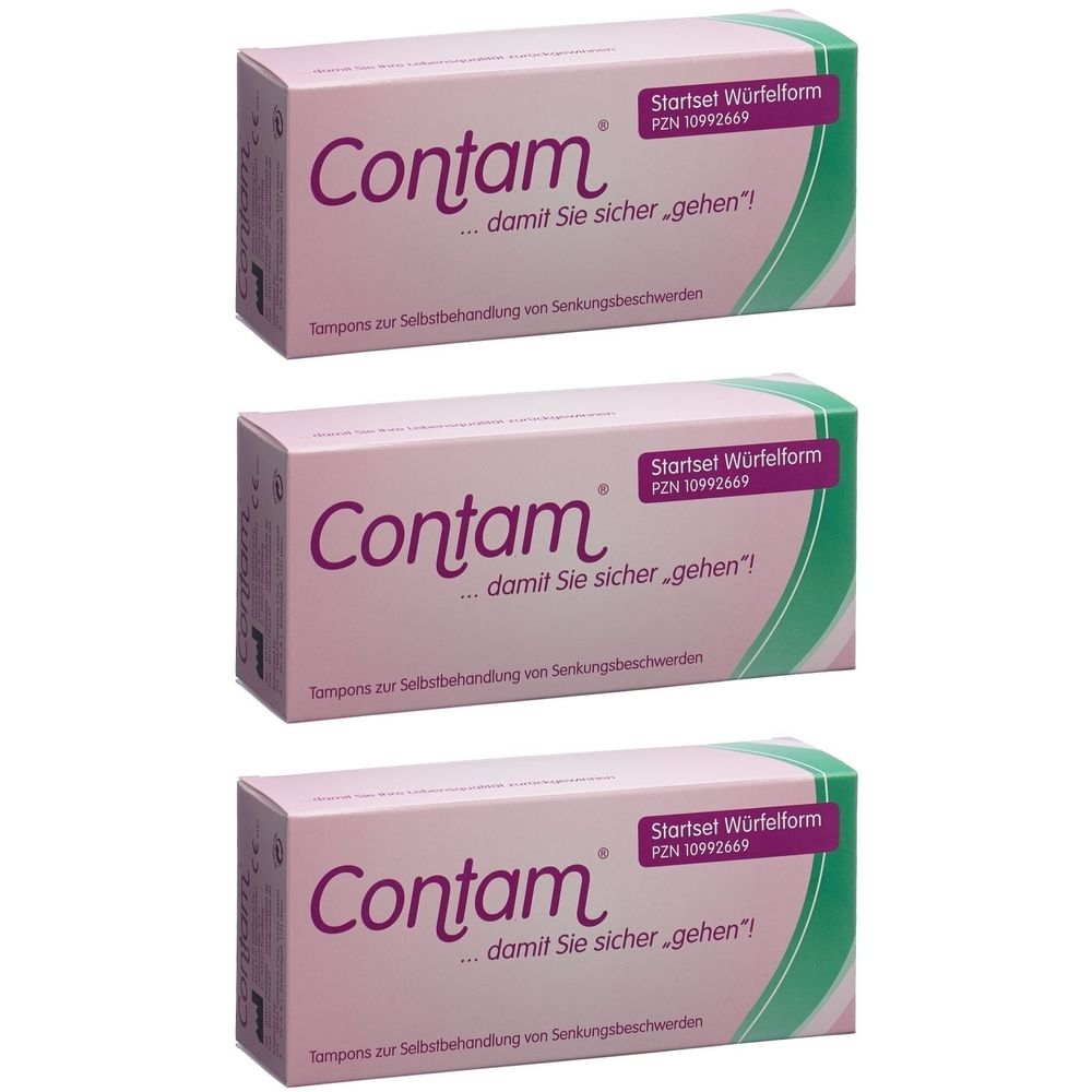 Trois boîtes Contam. Emballage rose avec bande verte. Inscription : Startset Würfelform, PZN 10992669. Tampons pour auto-traitement.