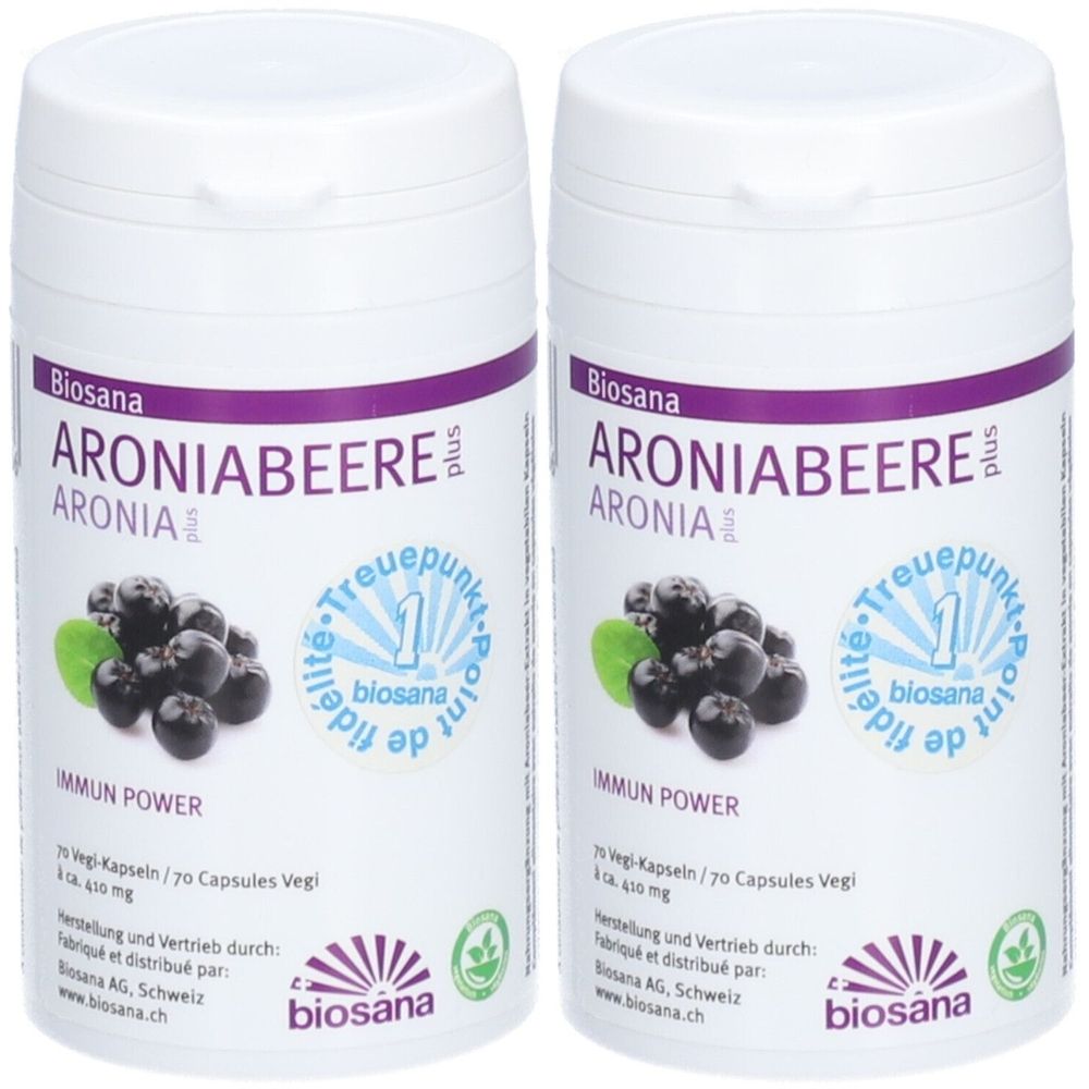 Zwei weiße Dosen mit lila und grünen Etiketten. Aufschrift: Aroniabeere plus, Aronia, Immun Power. Logo: biosana.