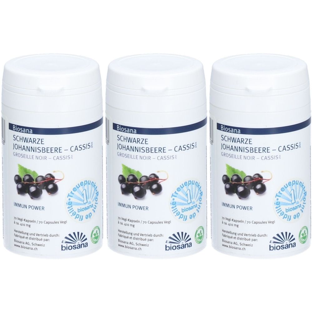 Drei weiße Behälter mit schwarzem Deckel. Aufschrift: Schwarze Johannisbeere, Cassis. Abbildung von Johannisbeeren. Marke: Biosana.