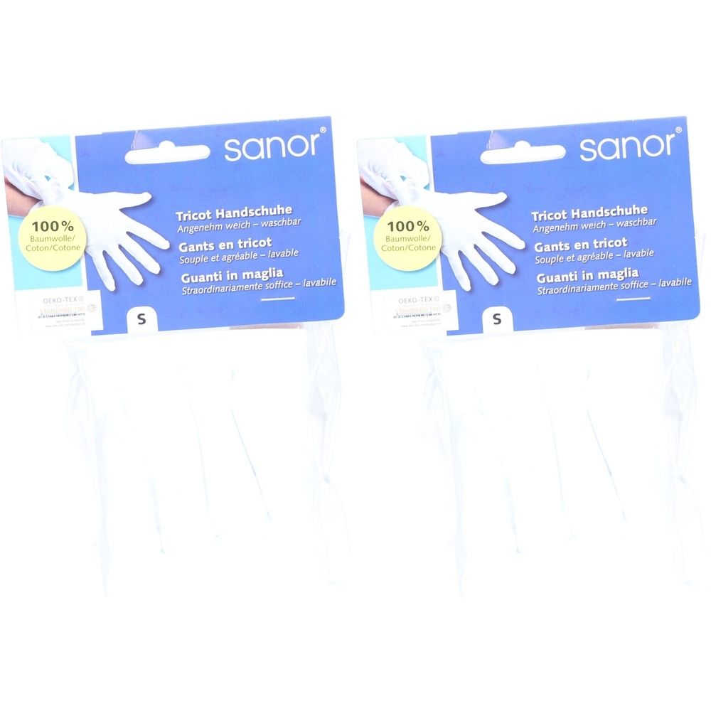 Zwei Packungen mit weißen SANOR Tricot Handschuhen. Blaue Verpackung mit Produktnamen und Größenangabe S. Baumwolle.