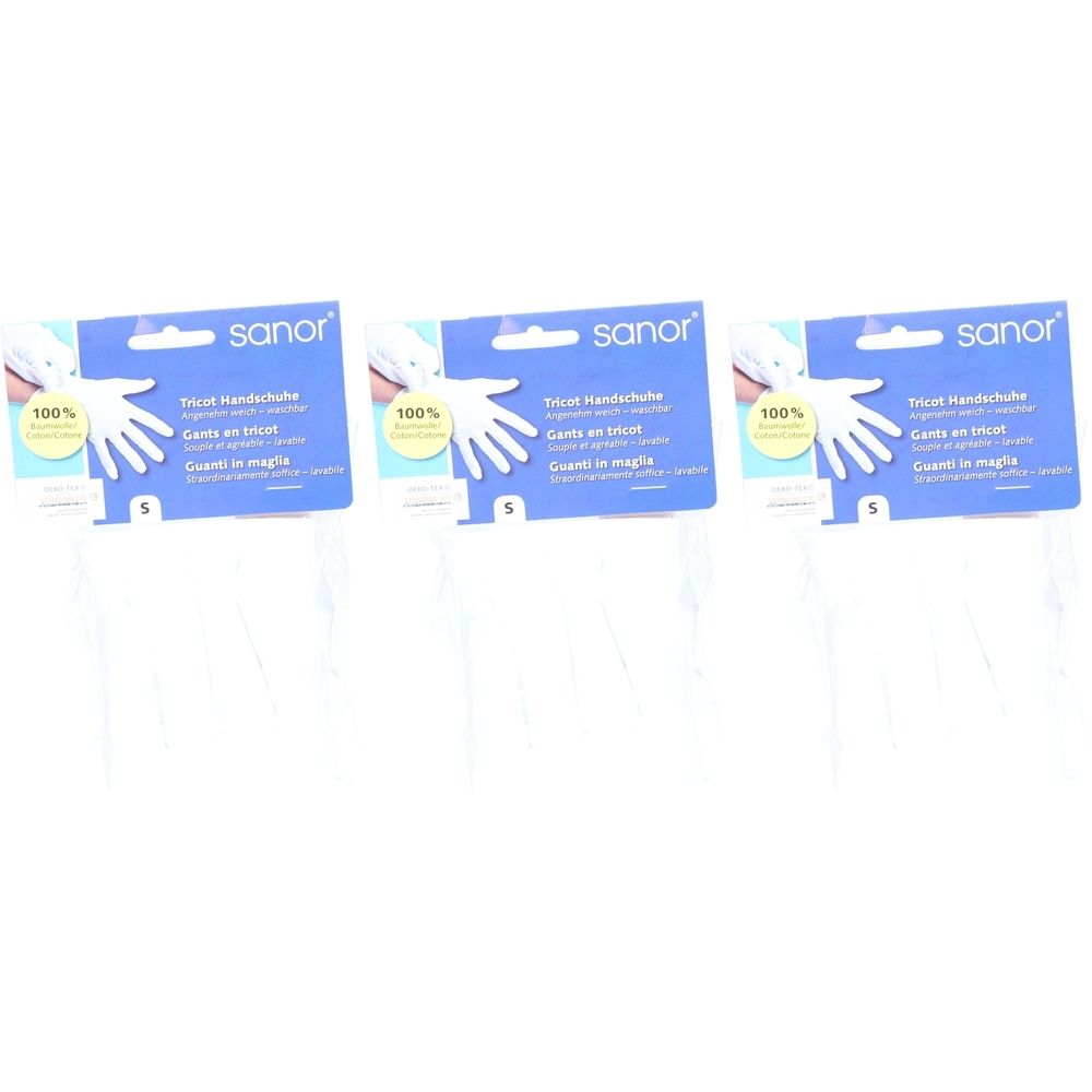Drei Packungen SANOR Tricot Handschuhe S. Blaue Verpackung mit weißer Handabbildung und Text. Handschuhe sind weiß.