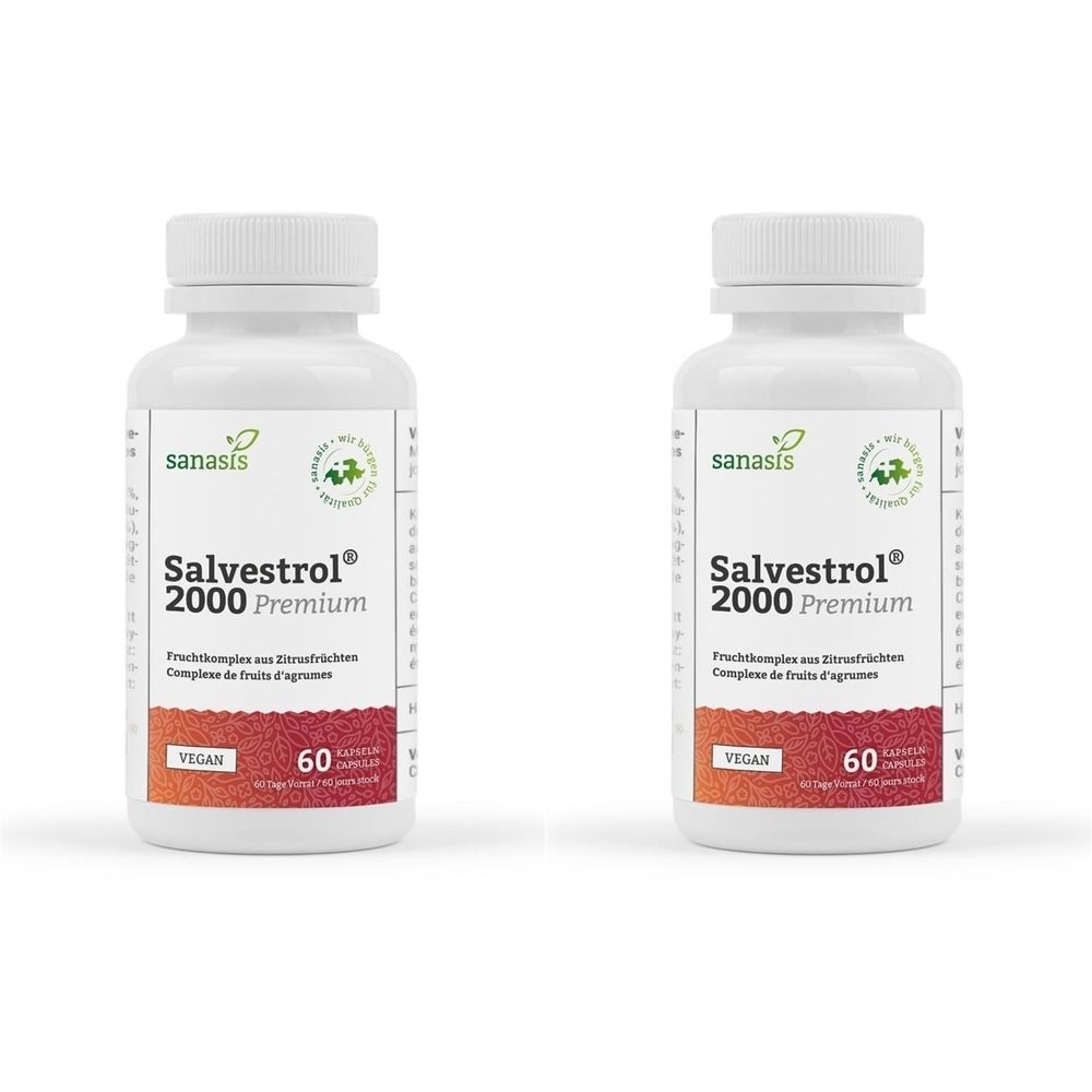 Zwei weiße Flaschen mit Kapseln. Aufschrift: Salvestrol 2000 Premium, vegan, 60 Kapseln. Marke: sanasis.