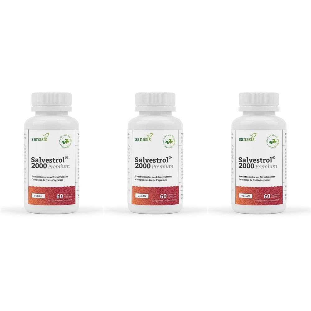 Drei weiße Flaschen mit Etiketten. Aufschrift: Salvestrol 2000 Premium. Roter Streifen mit der Zahl 60.