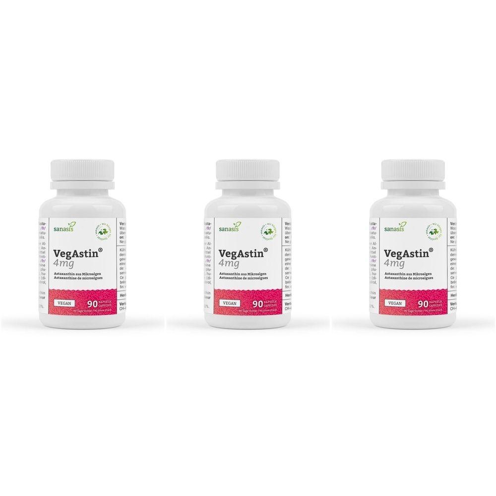 Drei weiße Flaschen mit Schraubverschluss. Auf jeder Flasche steht VegAstin 4mg und die Anzahl 90. Aufkleber mit grünen Blättern.