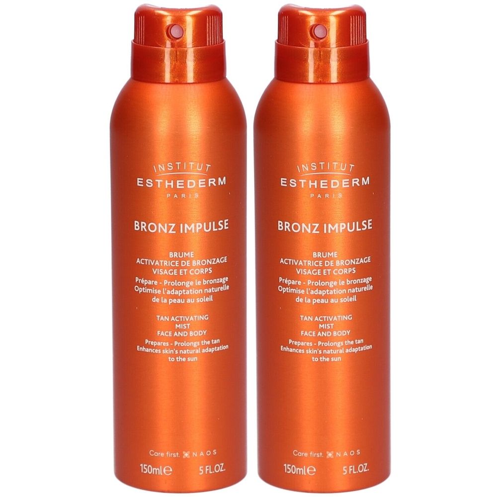 Zwei Sprays mit orangefarbenem Gehäuse. Aufschrift: Institut Esthederm, Bronz Impulse, Brume Activatrice de Bronzage. 150ml.