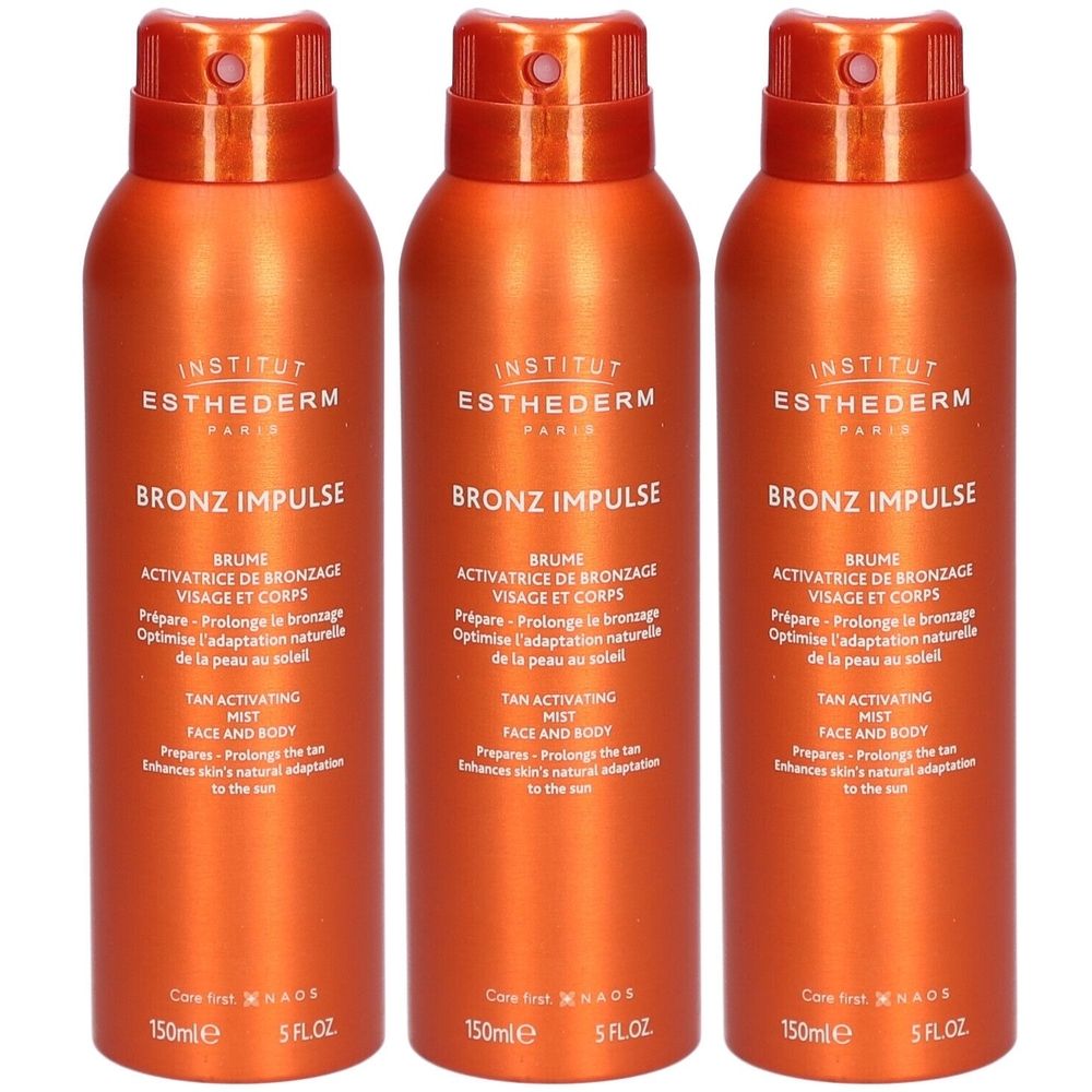 Drei Sprays mit orangefarbenen Flaschen. Aufschrift: Institut Esthederm, Bronz Impulse, Brume Activatrice de Bronzage Visage et Corps.