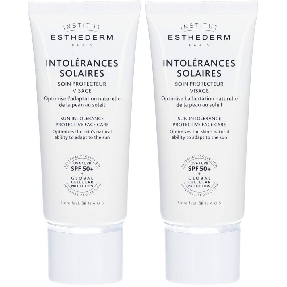 Zwei Tuben Institut Esthederm Intolérances Solaires Gesichtscreme SPF50+. Weiße Tuben mit blauer Schrift. Text: Sonnenschutz, Gesichtspflege.