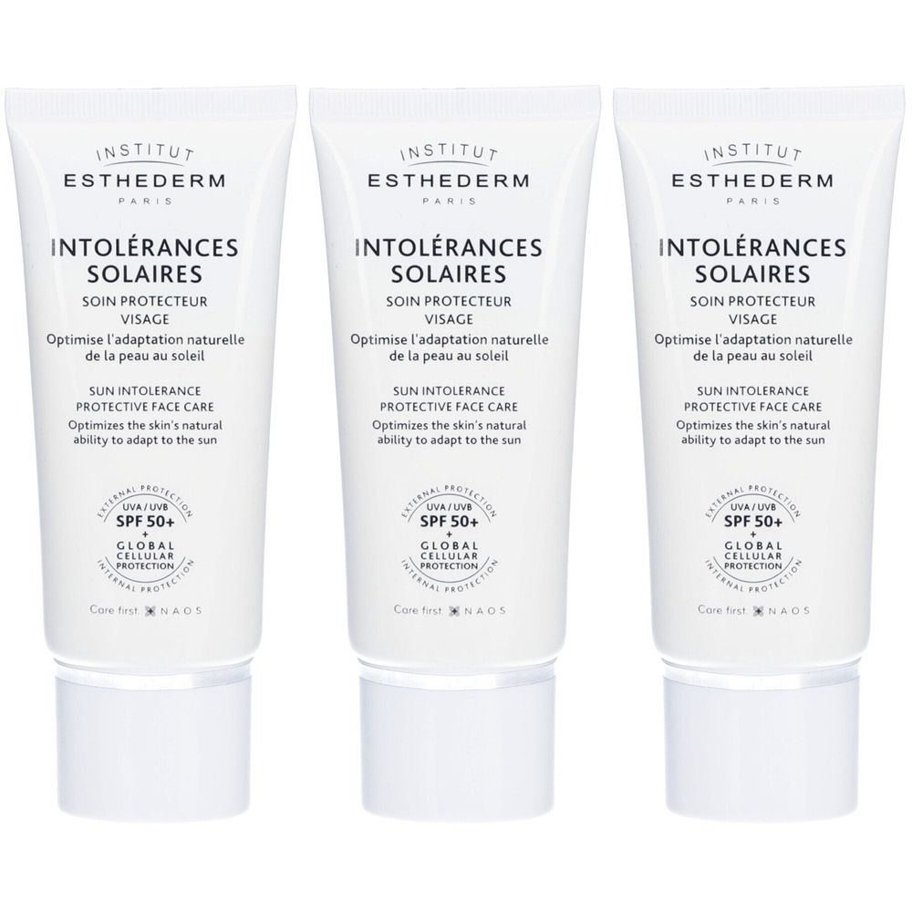 Drei Tuben Institut Esthederm Intolerances Solaires Gesichtscreme SPF50+. Weiße Tuben mit schwarzer Schrift. Aufschrift: Sonnenunverträglichkeit.