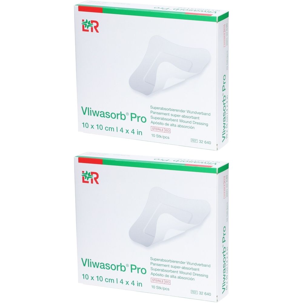Zwei Packungen Vliwasorb Pro Wundverband. Weiße Verpackung mit Produktnamen und Größenangabe. Sichtbar: Verband. 10 x 10 cm.