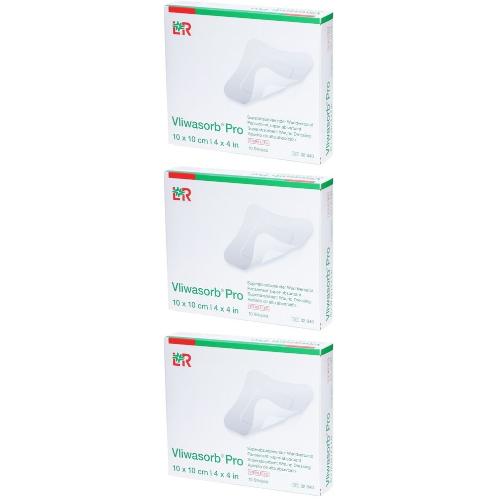 Drei Packungen Vliwasorb Pro Wundverband. Jede Packung zeigt einen Verband und Text: 10 x 10 cm.