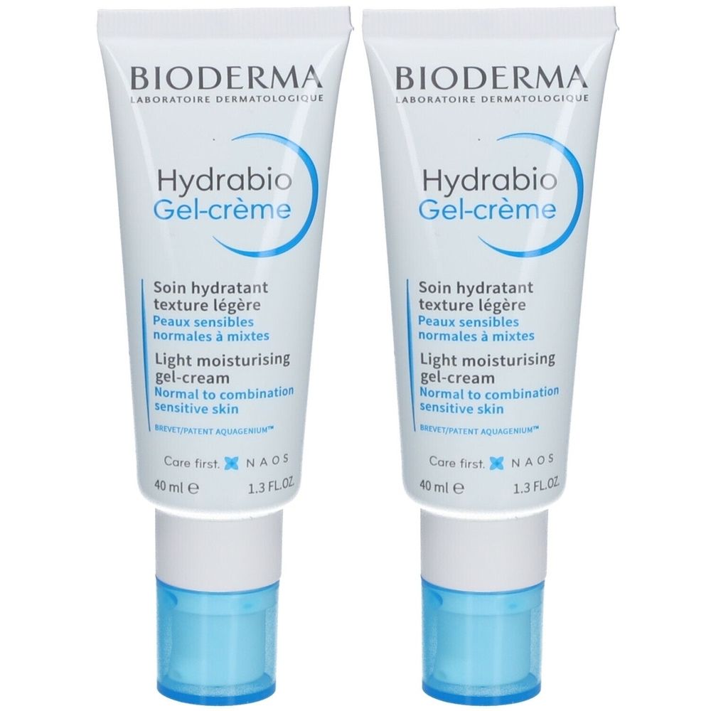 Deux tubes de BIODERMA Hydrabio Gel-crème. Blanc, texte et accents bleus. Texte: Light moisturising gel-cream.