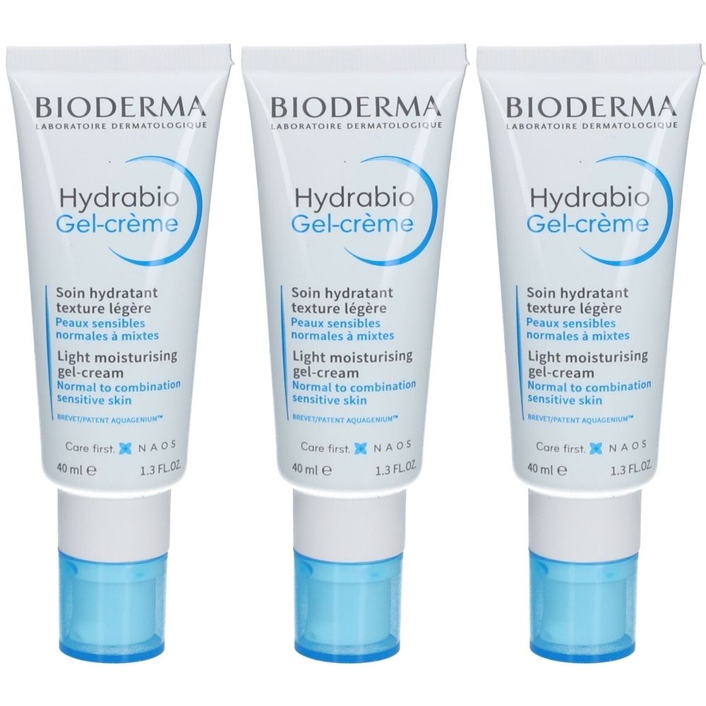 Trois tubes de BIODERMA Hydrabio Gel-crème. Tubes blancs avec texte bleu et bouchon bleu. Texte: Soin hydratant, texture légère, Peaux sensibles.