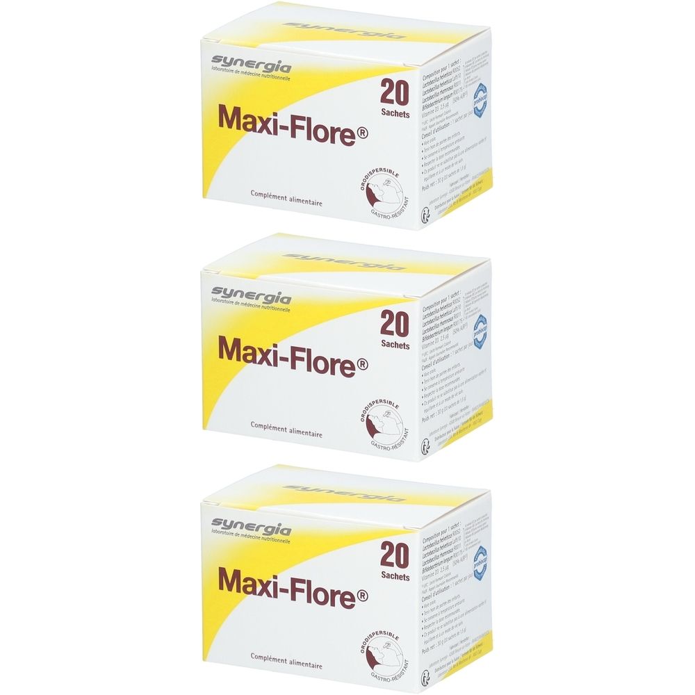 Drei Schachteln mit dem Produkt Maxi-Flore. Jede Schachtel enthält 20 Sachets. Aufdruck: Marke synergia.