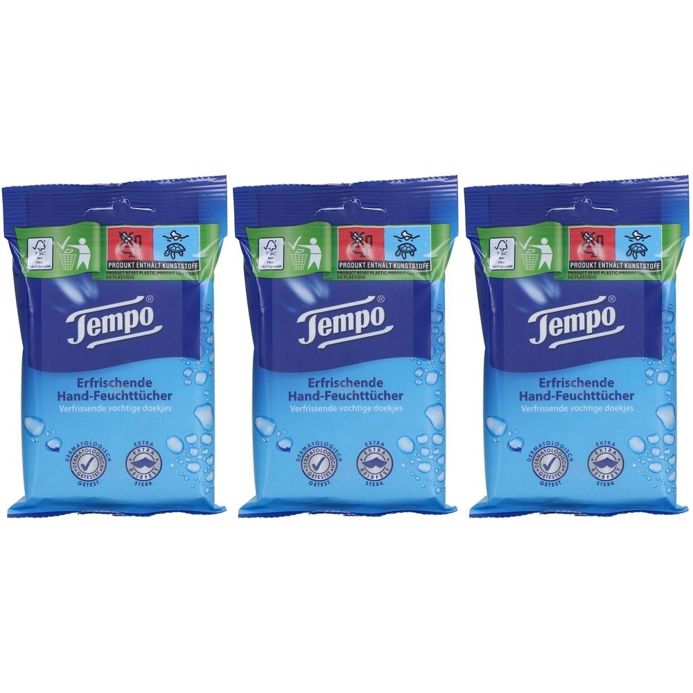 Drei Packungen Tempo Erfrischende Hand-Feuchttücher. Blaue Verpackung mit Logo und Produktbezeichnung. FSC-Zertifizierung.