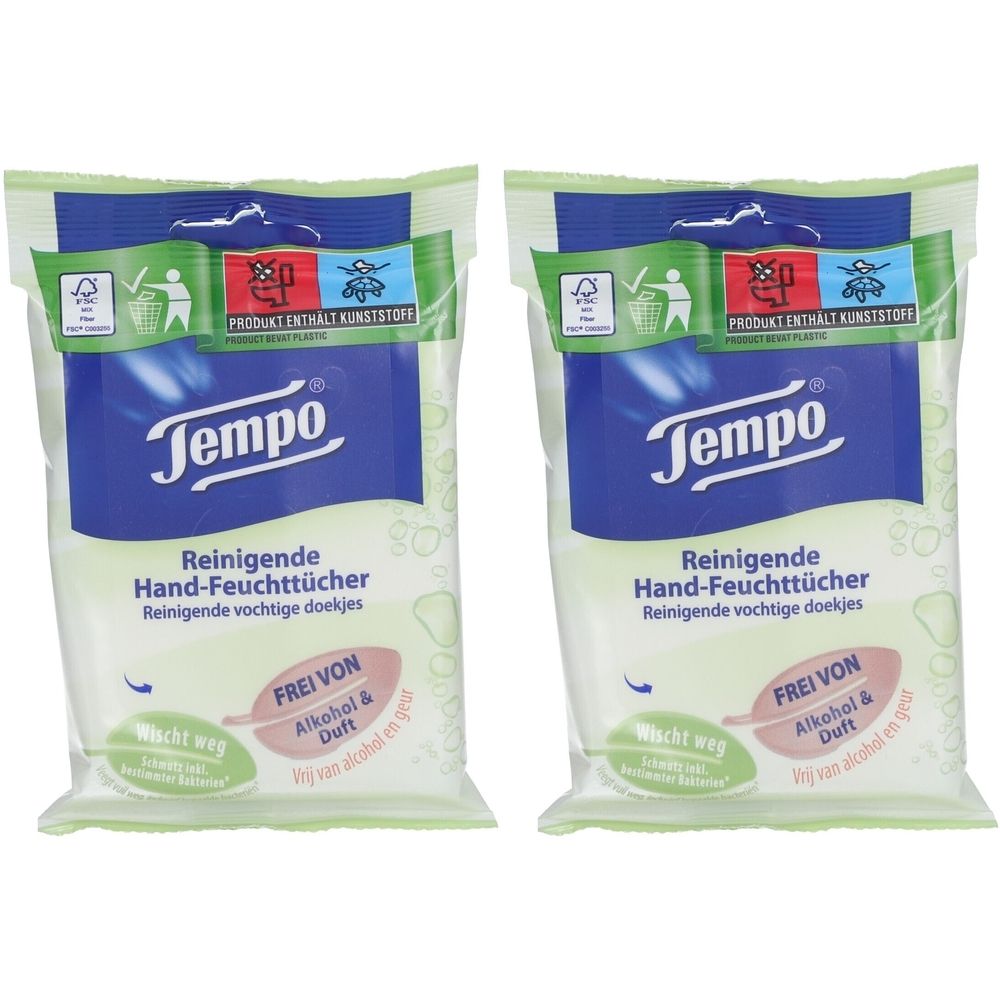 Zwei Packungen Tempo Hand-Feuchttücher. Weiße Verpackung mit blauem Logo und Text. Frei von Alkohol und Duft. FSC-Siegel.