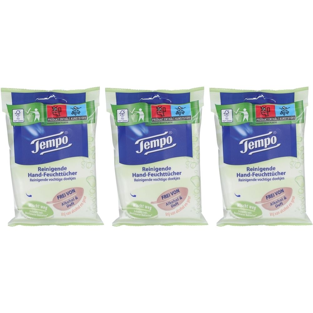 Drei Packungen Tempo Feuchttücher. Jede Packung hat ein blaues Logo mit weißer Schrift. Aufschrift: Reinigende Hand-Feuchttücher, frei von Alkohol & Duft.