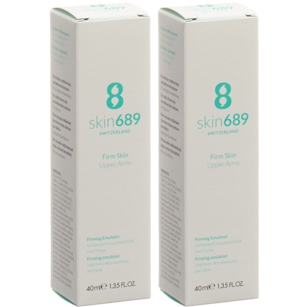 Zwei weiße Schachteln mit der Aufschrift skin689, Firm Skin Upper Arms. Auf jeder Schachtel steht 40ml 1.35 FL.OZ.