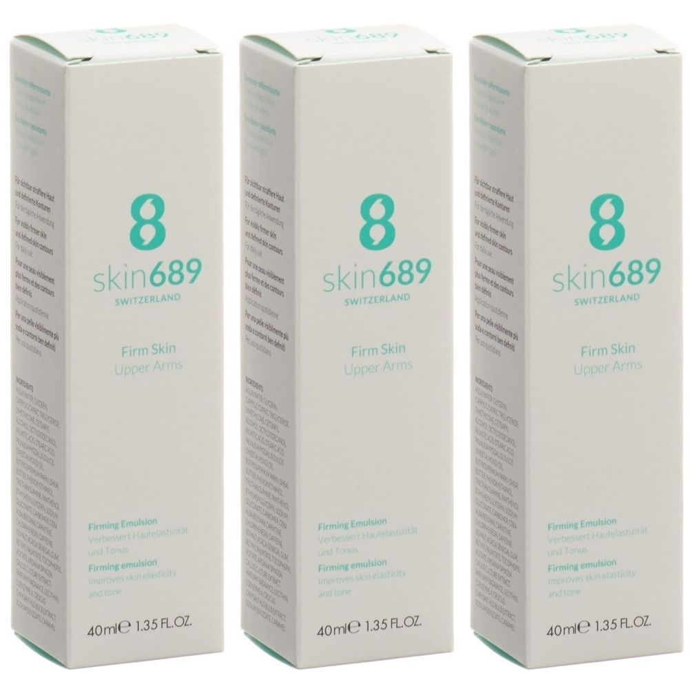 Drei weiße Schachteln mit Produkt Skin689 Firm Skin Upper Arms. Auf jeder Schachtel steht der Markenname und Produktbezeichnung.