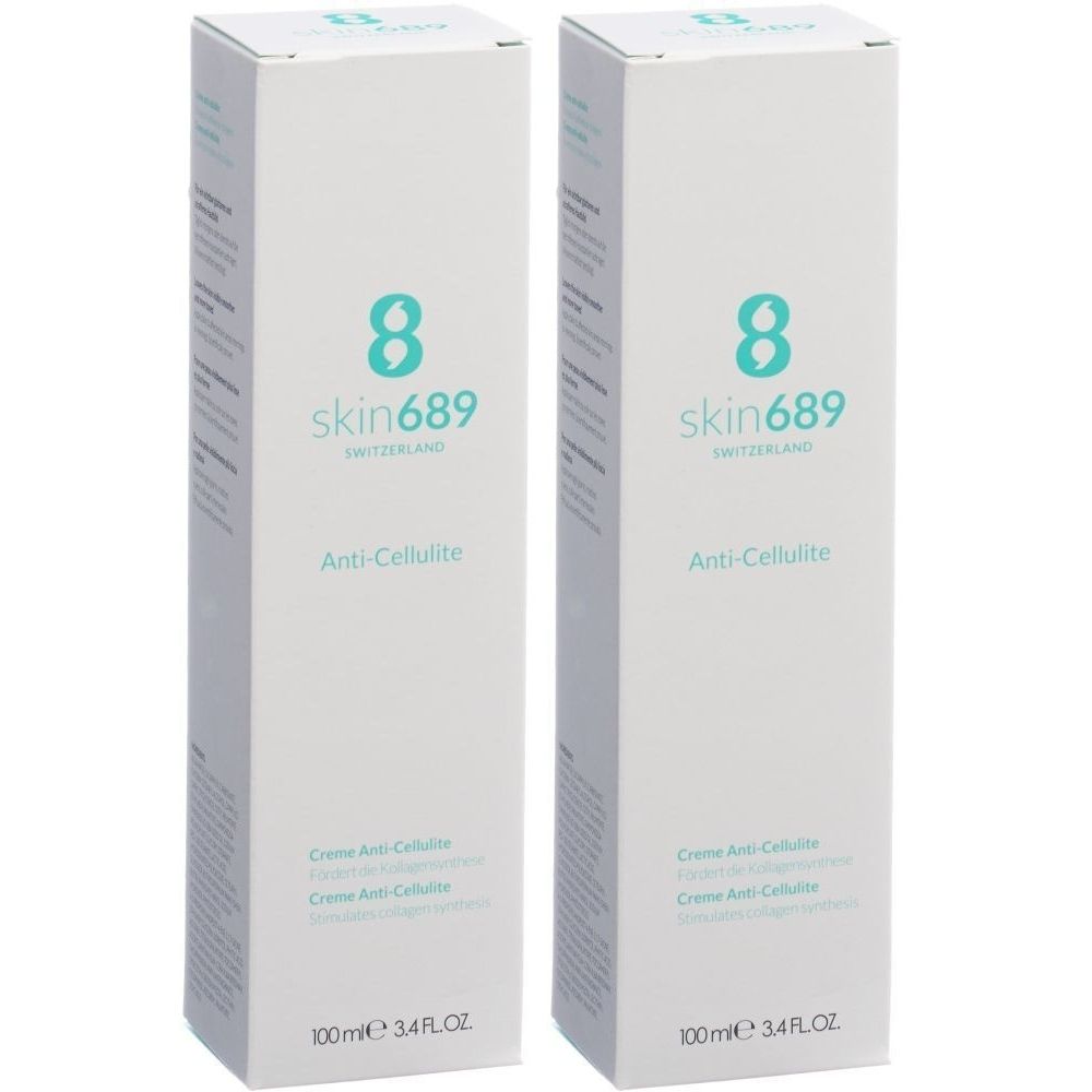Zwei weiße Kartons mit Produktinformationen. Aufgedruckt sind der Markenname skin689, Anti-Cellulite und weitere Produktangaben.