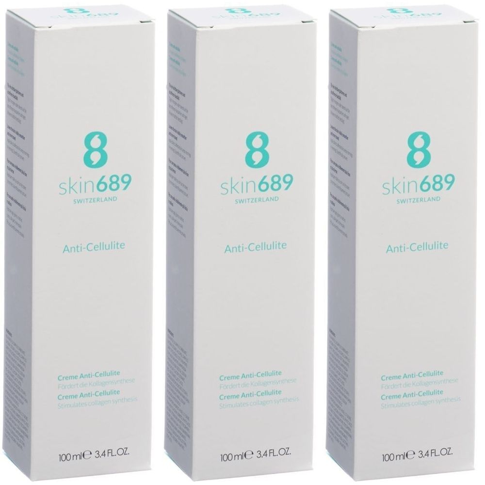 Drei weiße Kartons mit der Aufschrift skin689, Anti-Cellulite. Auf jedem Karton steht 100ml 3.4 FL.OZ.