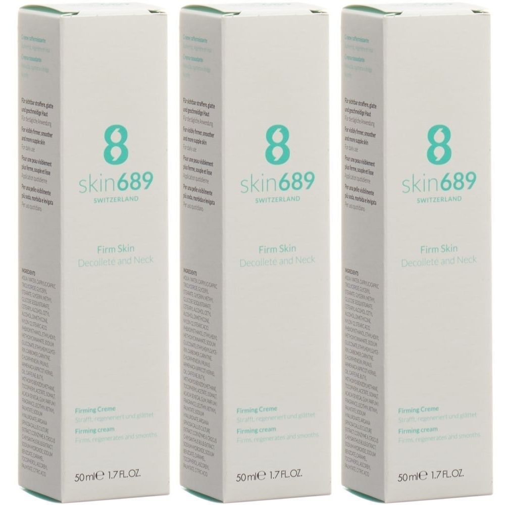 Drei weiße Schachteln mit Produktaufdruck. Aufschrift: skin689, Firm Skin Decolleté and Neck, Firming Creme.