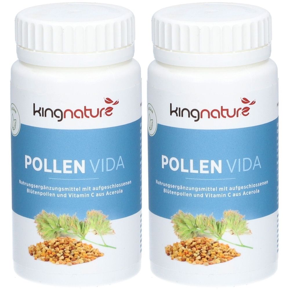 Zwei weiße Flaschen mit Schraubverschluss. Aufschrift: kingnature, POLLEN VIDA. Darunter Text und Abbildungen von Pollen.