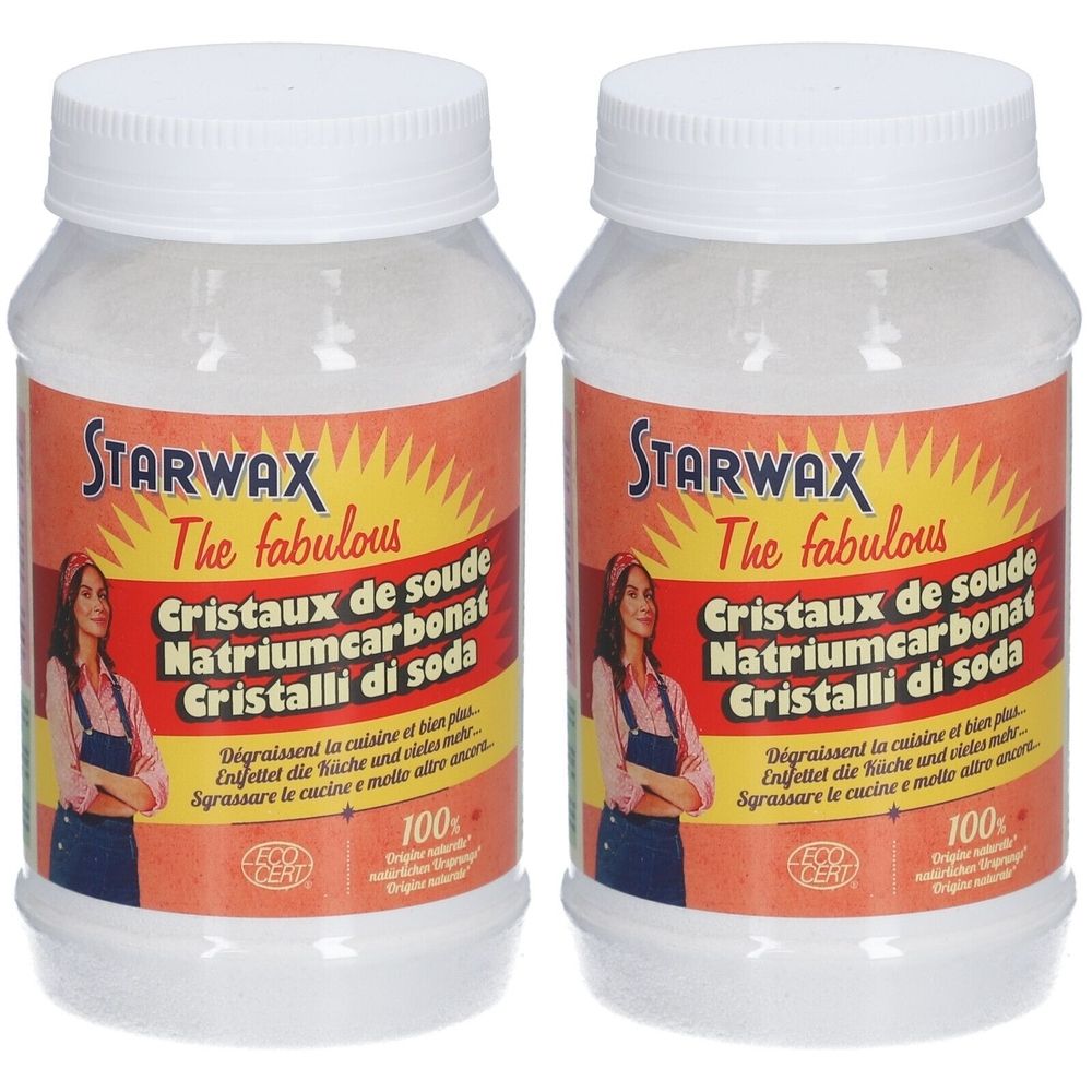 Zwei weiße Kunststoffbehälter mit Schraubdeckel. Aufkleber mit STARWAX-Logo und Produktbezeichnungen in mehreren Sprachen.