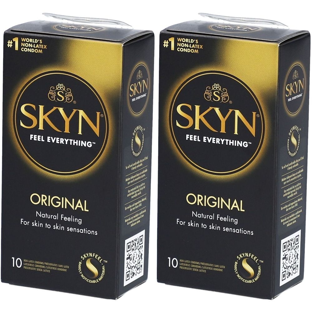 Zwei Schachteln mit Kondomen. Auf der schwarzen Verpackung steht "SKYN ORIGINAL" und "#1 WORLD'S NON-LATEX CONDOM".