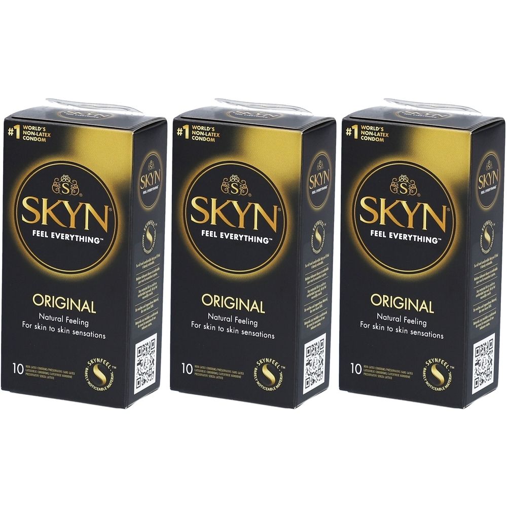 Drei Schachteln mit Kondomen. Auf jeder Schachtel steht "SKYN ORIGINAL" und "10".