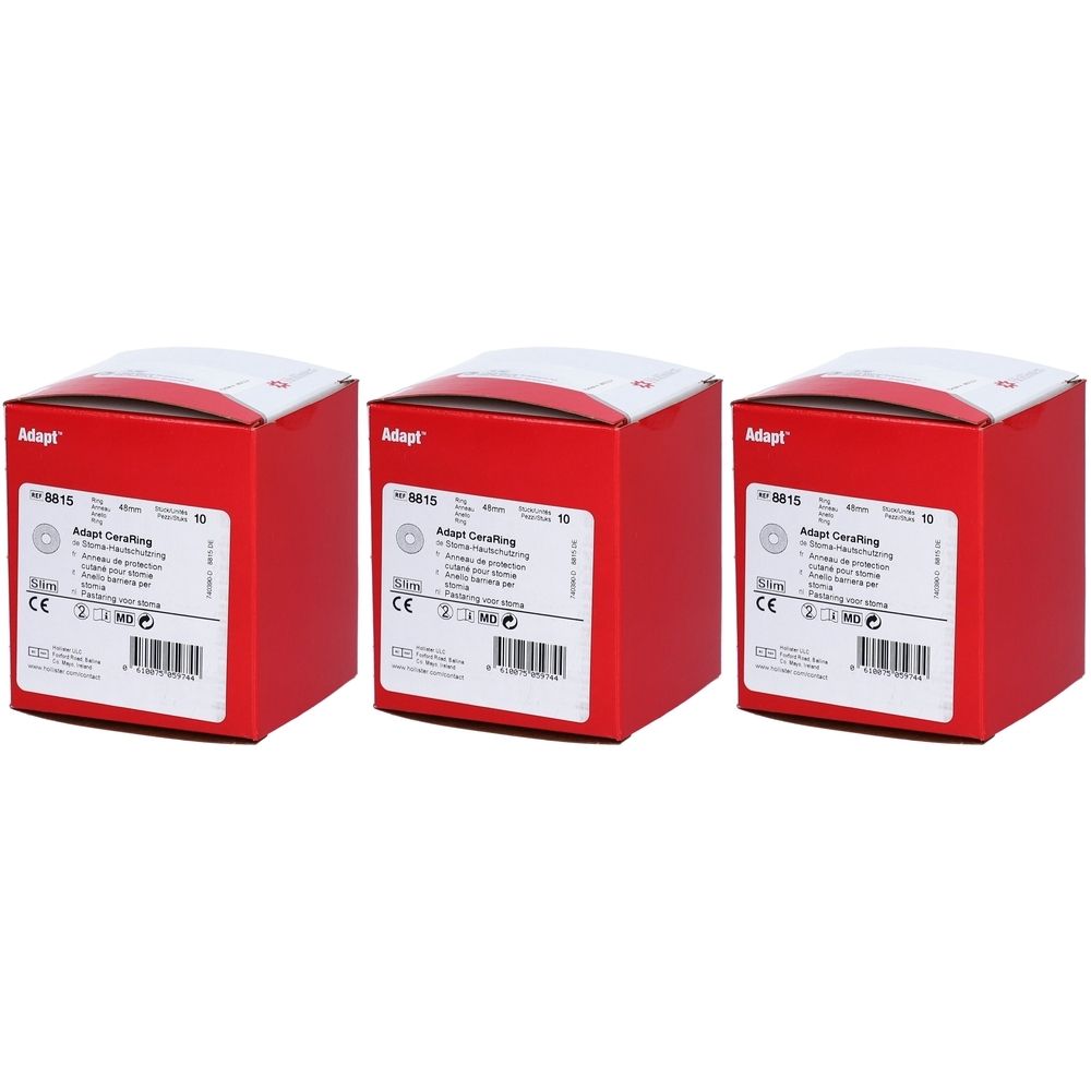 Drei rote Produktverpackungen. Auf jeder Verpackung steht "Adapt CeraRing" und "10". Die Verpackungen sind mit weißem Deckel versehen.