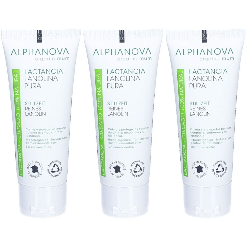 Drei Tuben mit weißem Hintergrund. Auf jeder Tube steht "ALPHANOVA organic mum", "LACTANCIA LANOLINA PURA", "STILLZEIT REINES LANOLIN".
