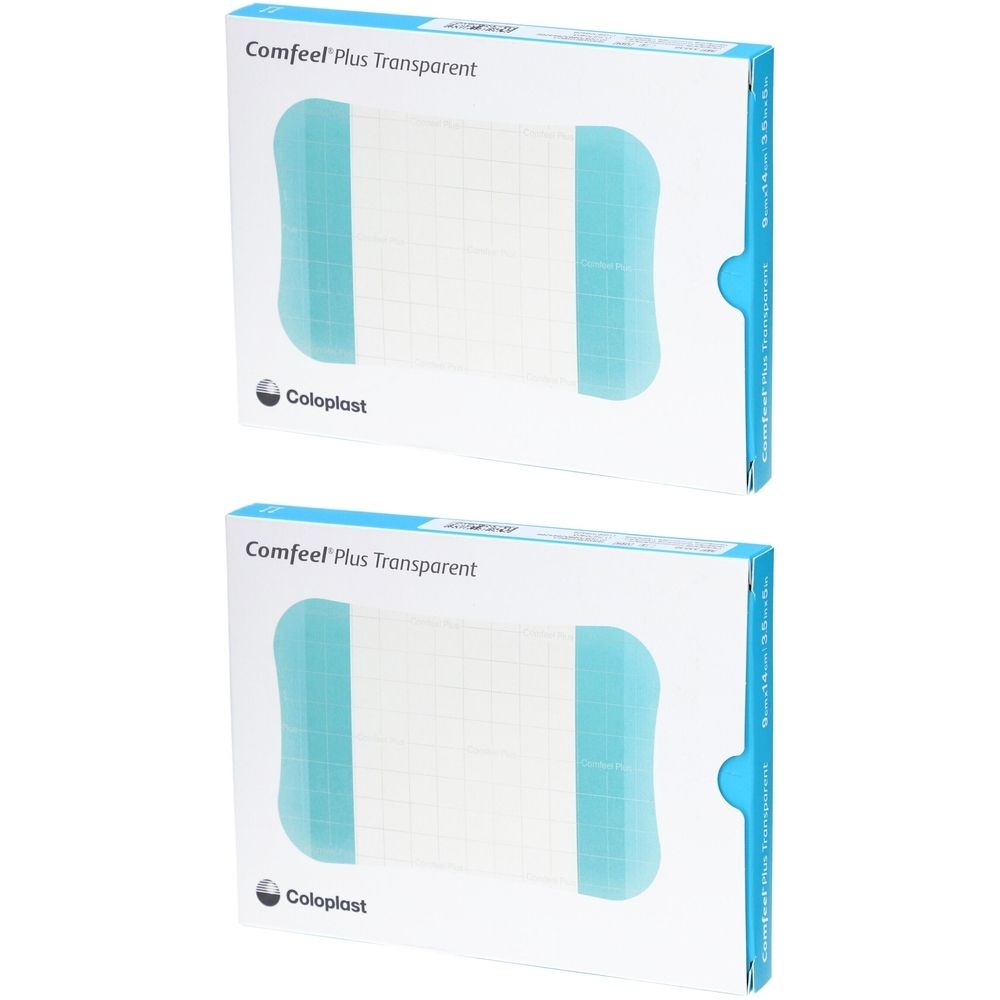 Deux boîtes de COMFEEL Plus Transparent. Pansements transparents blancs dans un emballage rectangulaire avec un design bleu. Logo Coloplast.