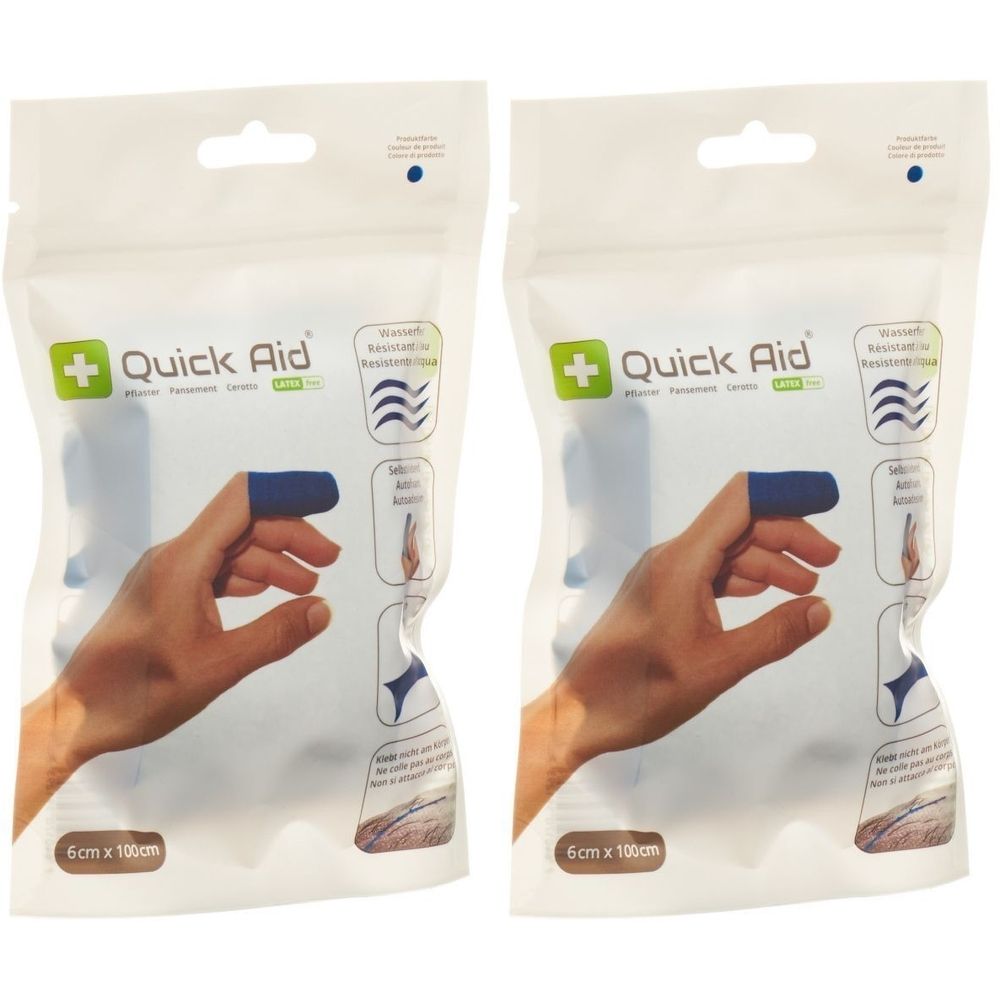 Zwei Packungen QUICK AID Pflaster. Jede Packung zeigt einen Finger mit blauem Pflaster. Aufschrift: 6 cm x 100 cm.